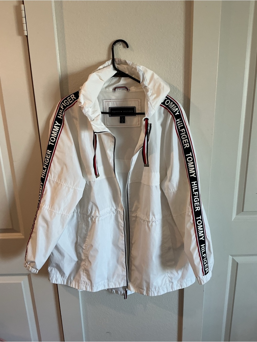 Tommy Hilfiger White Hooded Bomber Jacket with Logo Tape